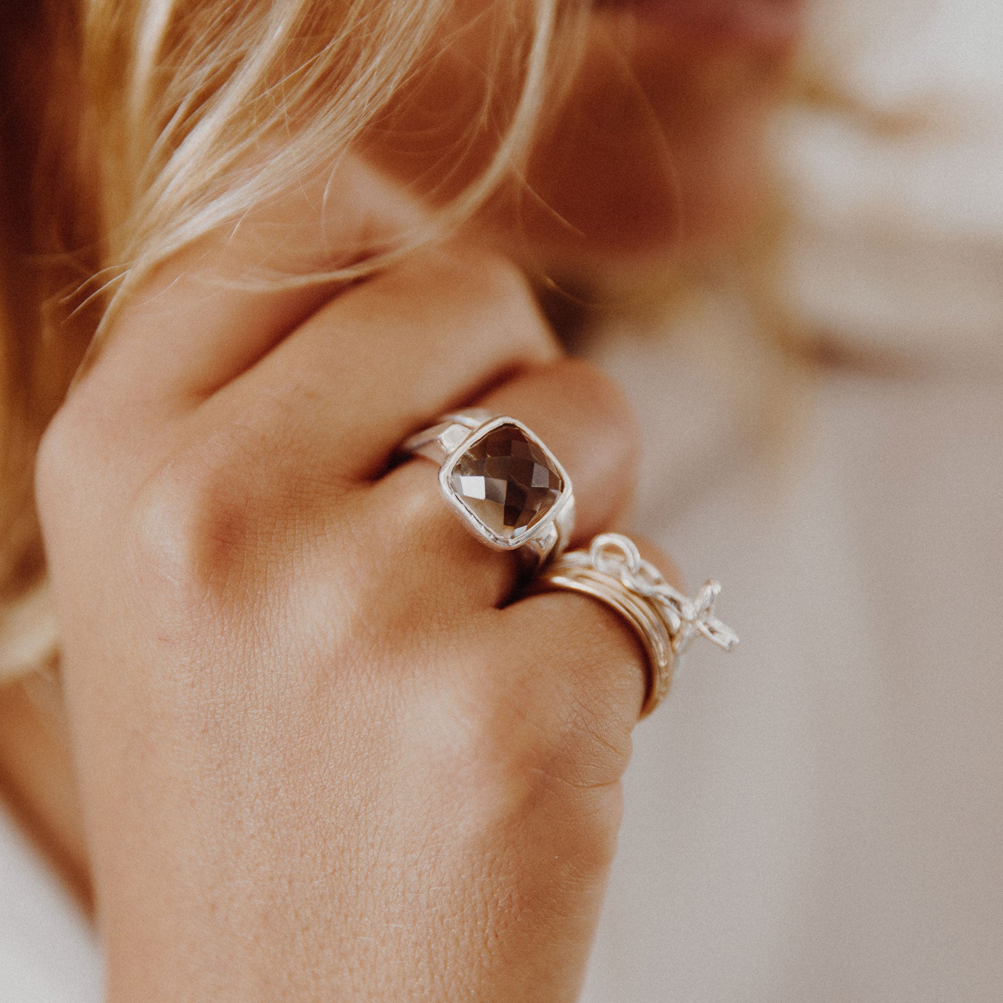 Silver Smoky Quartz Crystal Ring