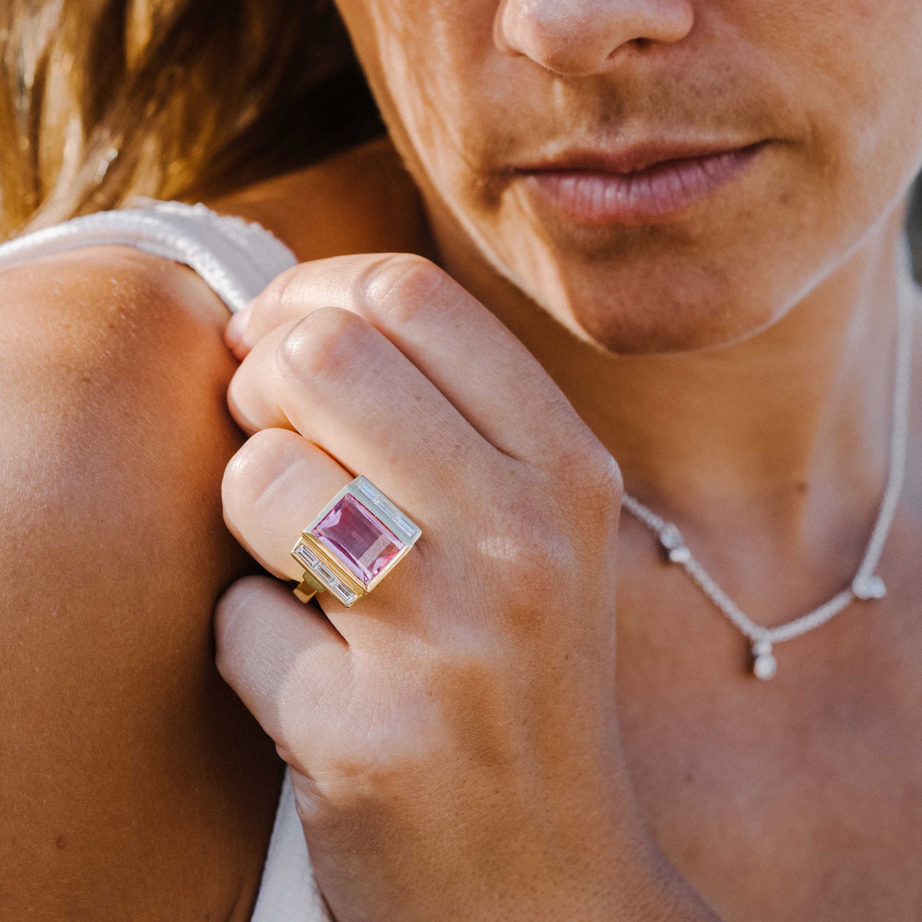 GATSBY Gold Pink Tourmaline & Baguette Diamond Ring