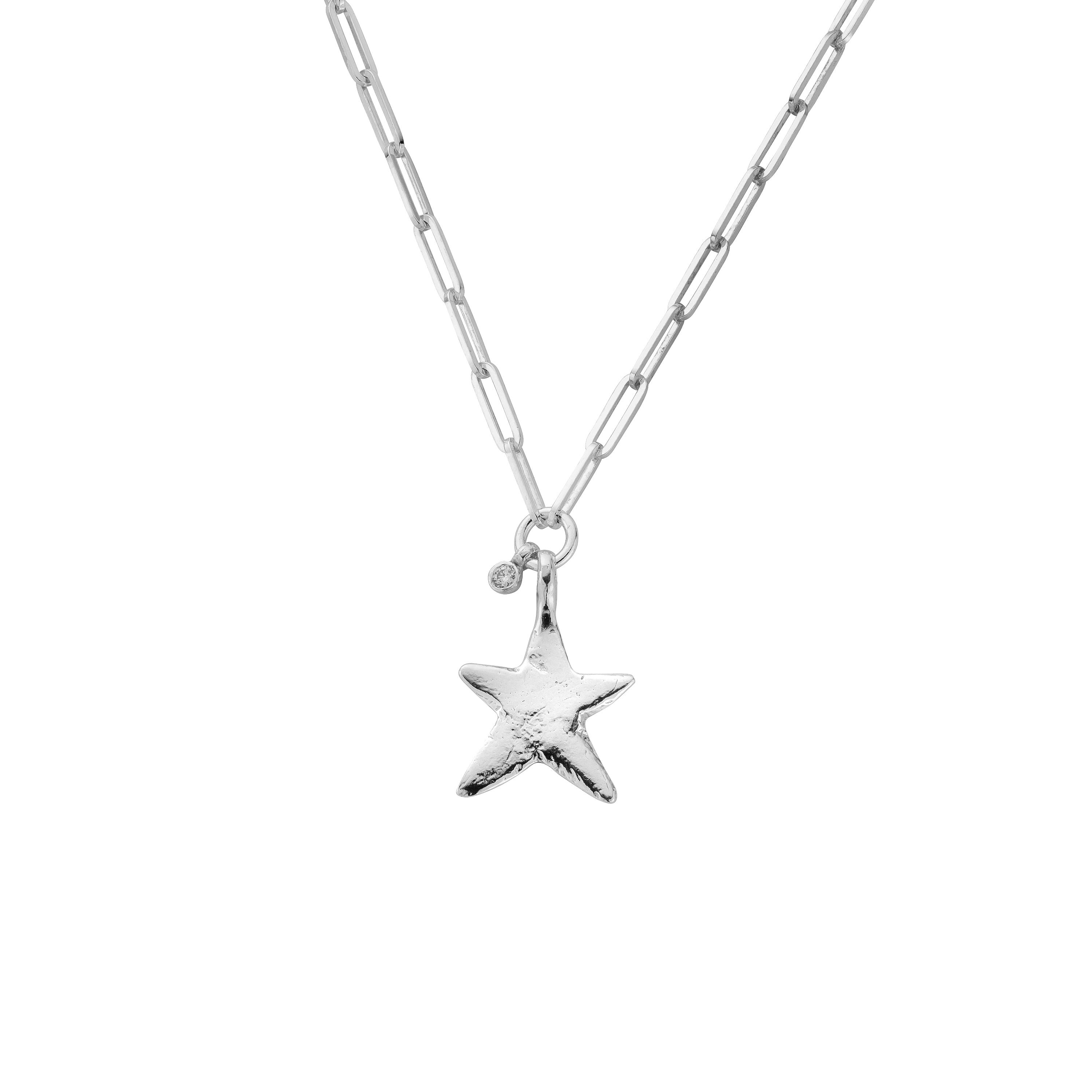 Silver Midi Star Trace Chain Necklace With Diamond