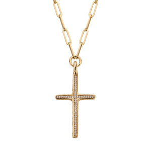 Gold Pavé Set Diamond Large Cross Trace Chain Necklace