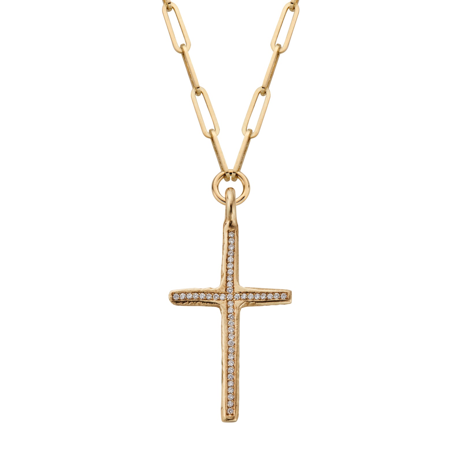 Gold Pavé Set Diamond Large Cross Trace Chain Necklace