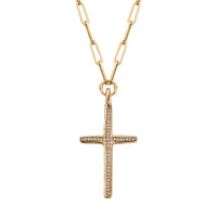 Gold Pavé Set Diamond Large Cross Trace Chain Necklace