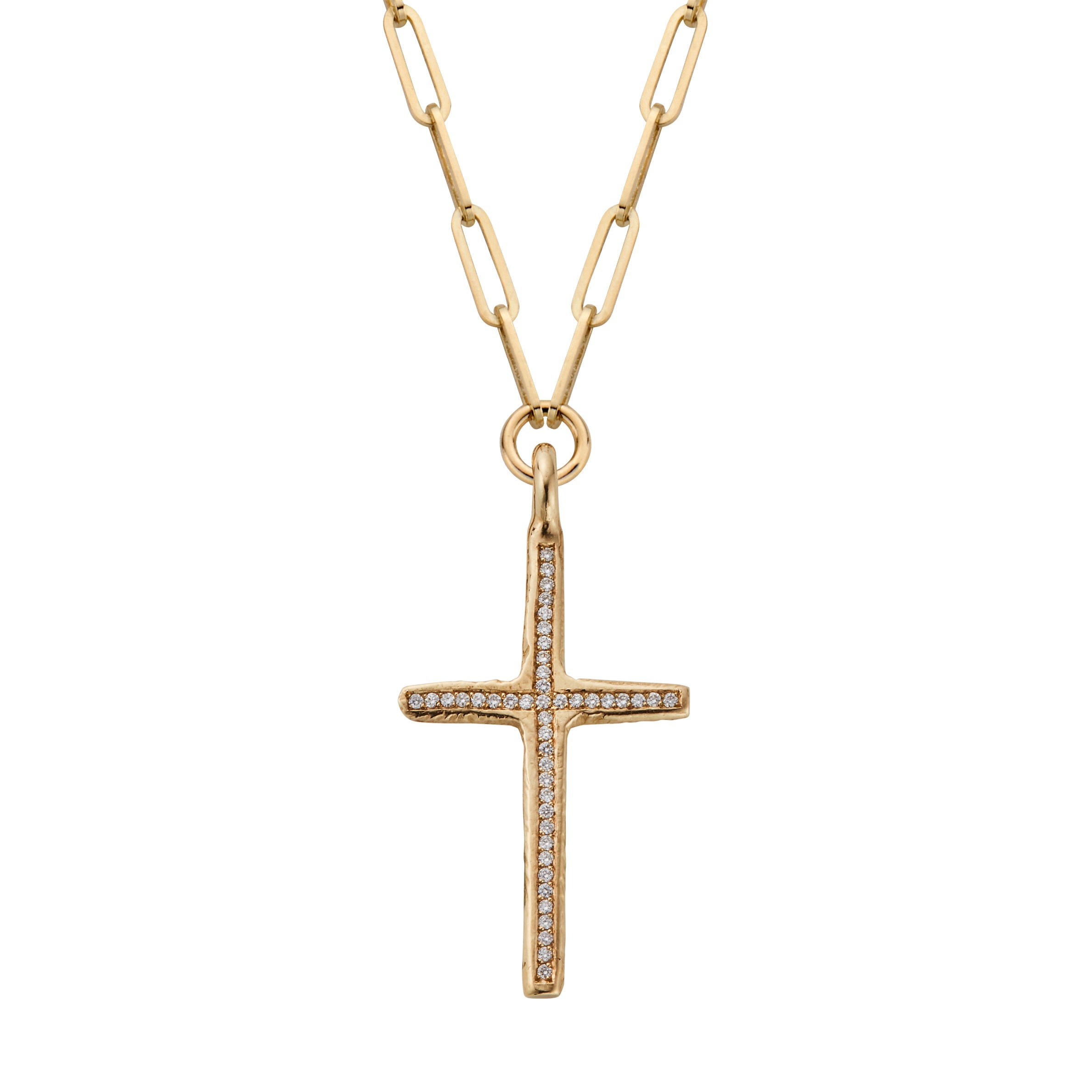 Gold Pavé Set Diamond Large Cross Trace Chain Necklace