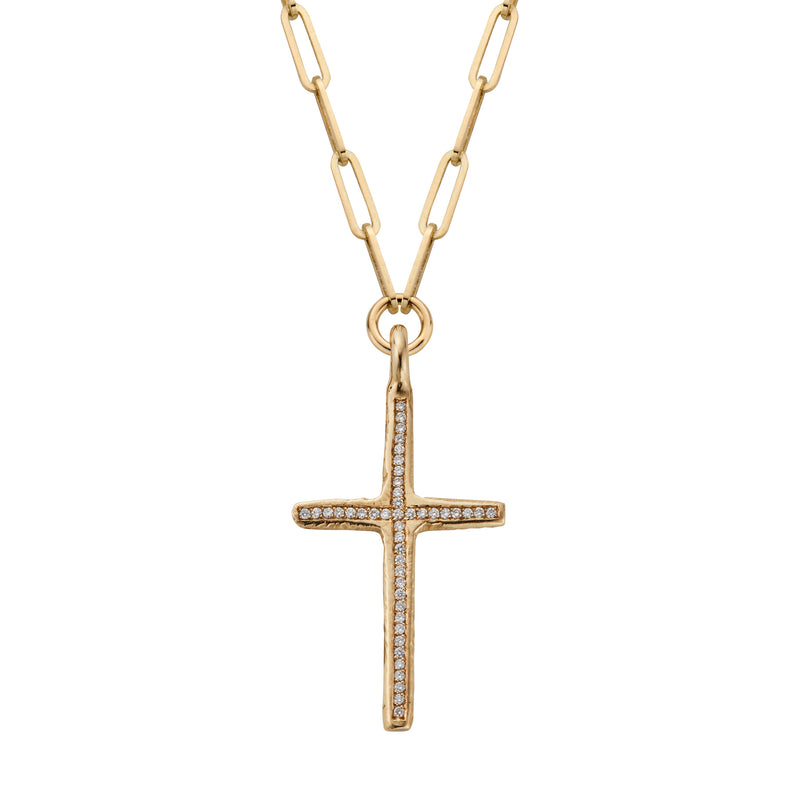 Gold Pavé Set Diamond Large Cross Trace Chain Necklace