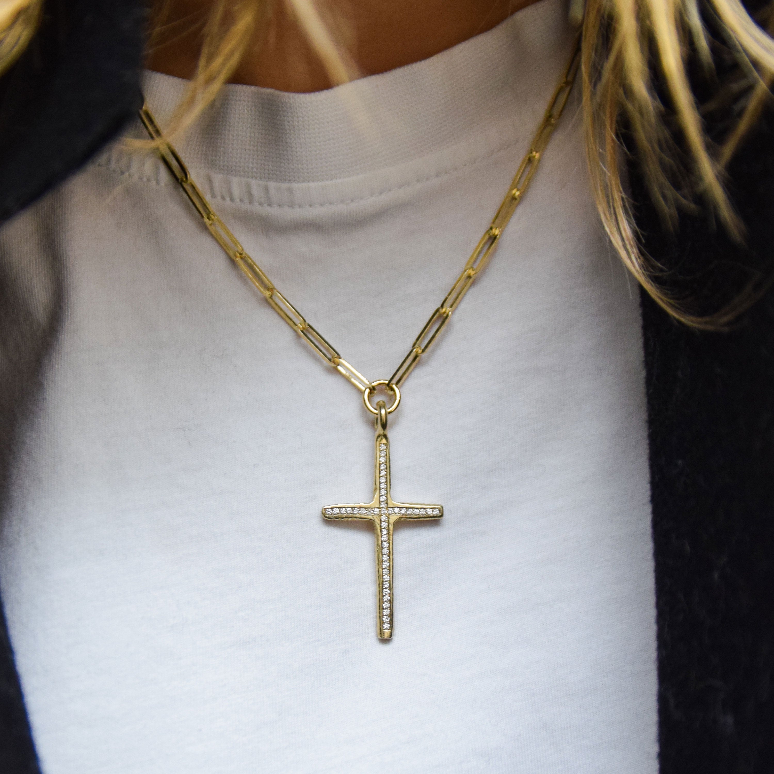 Gold Pavé Set Diamond Large Cross Trace Chain Necklace