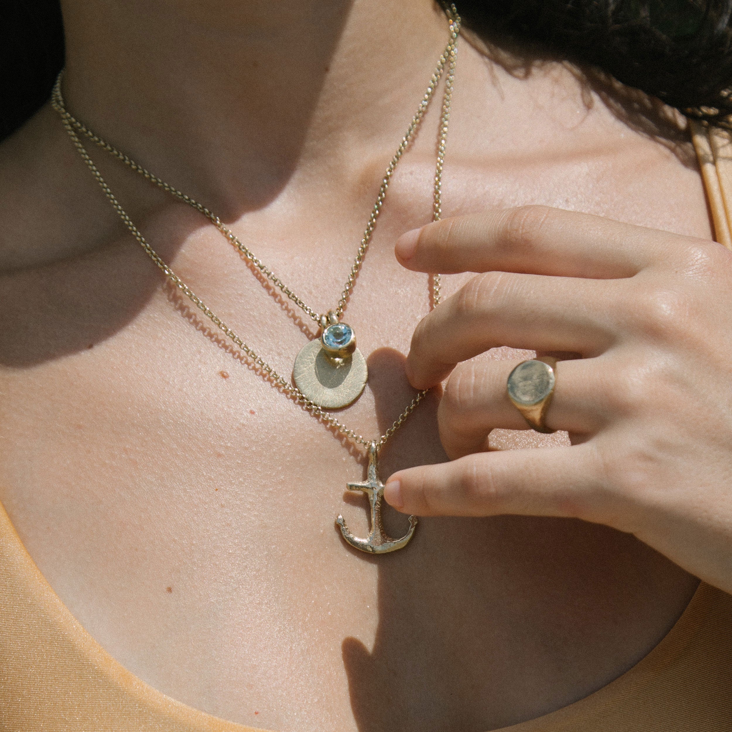 Gold Blue Topaz Moon & Stone Necklace