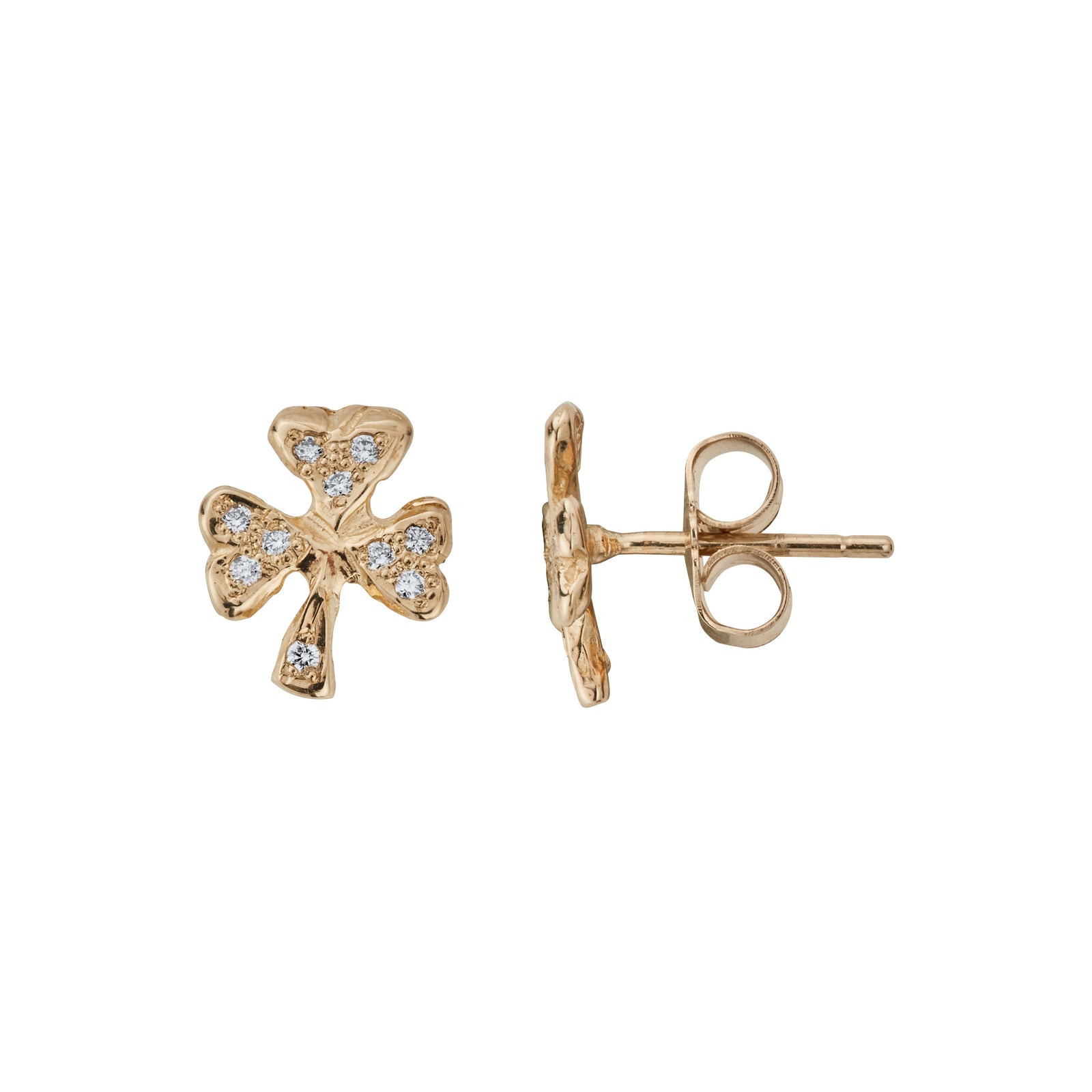 Gold Diamond Baby Shamrock Stud Earrings
