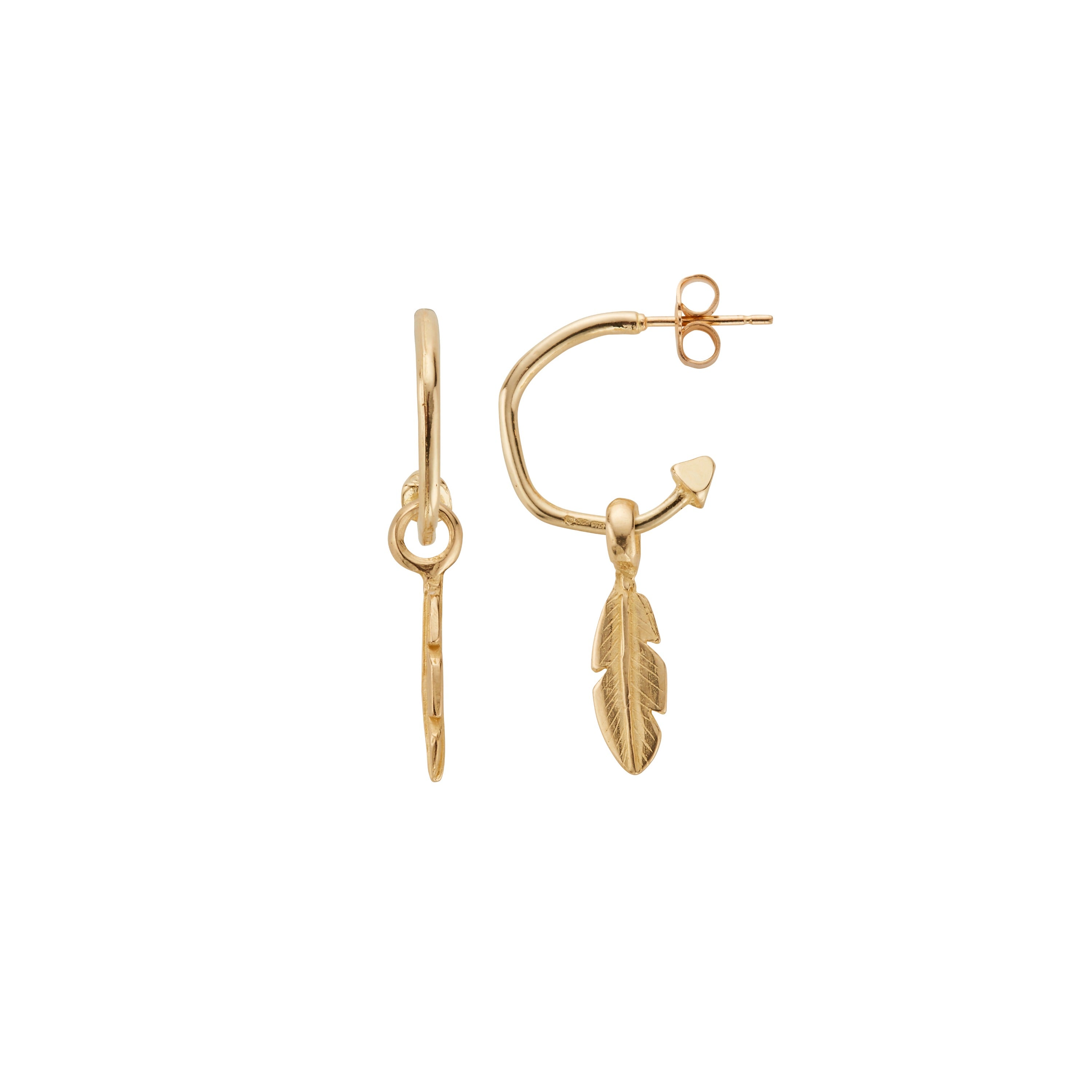 Gold Mini Cupid Hoops With Mini Feather Charms
