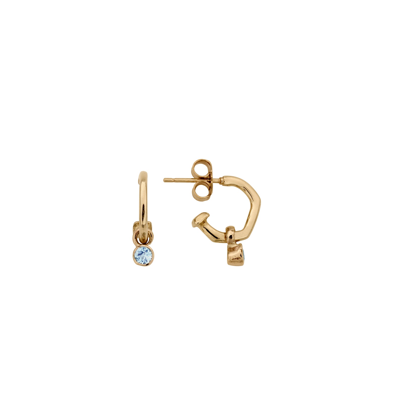 Gold Tiny Cupid Hoops With Mini Blue Topaz Earring Charms