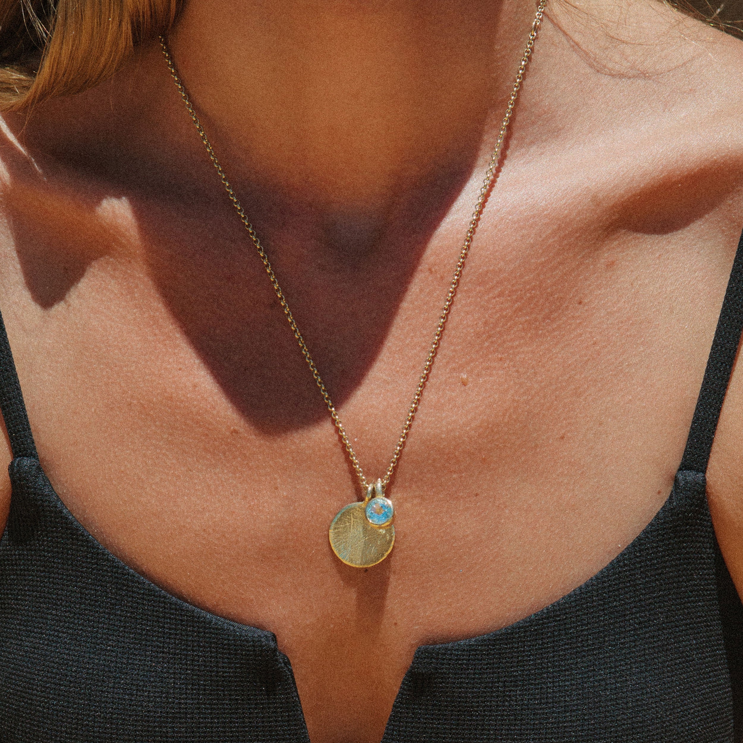 Gold Blue Topaz Moon & Stone Necklace