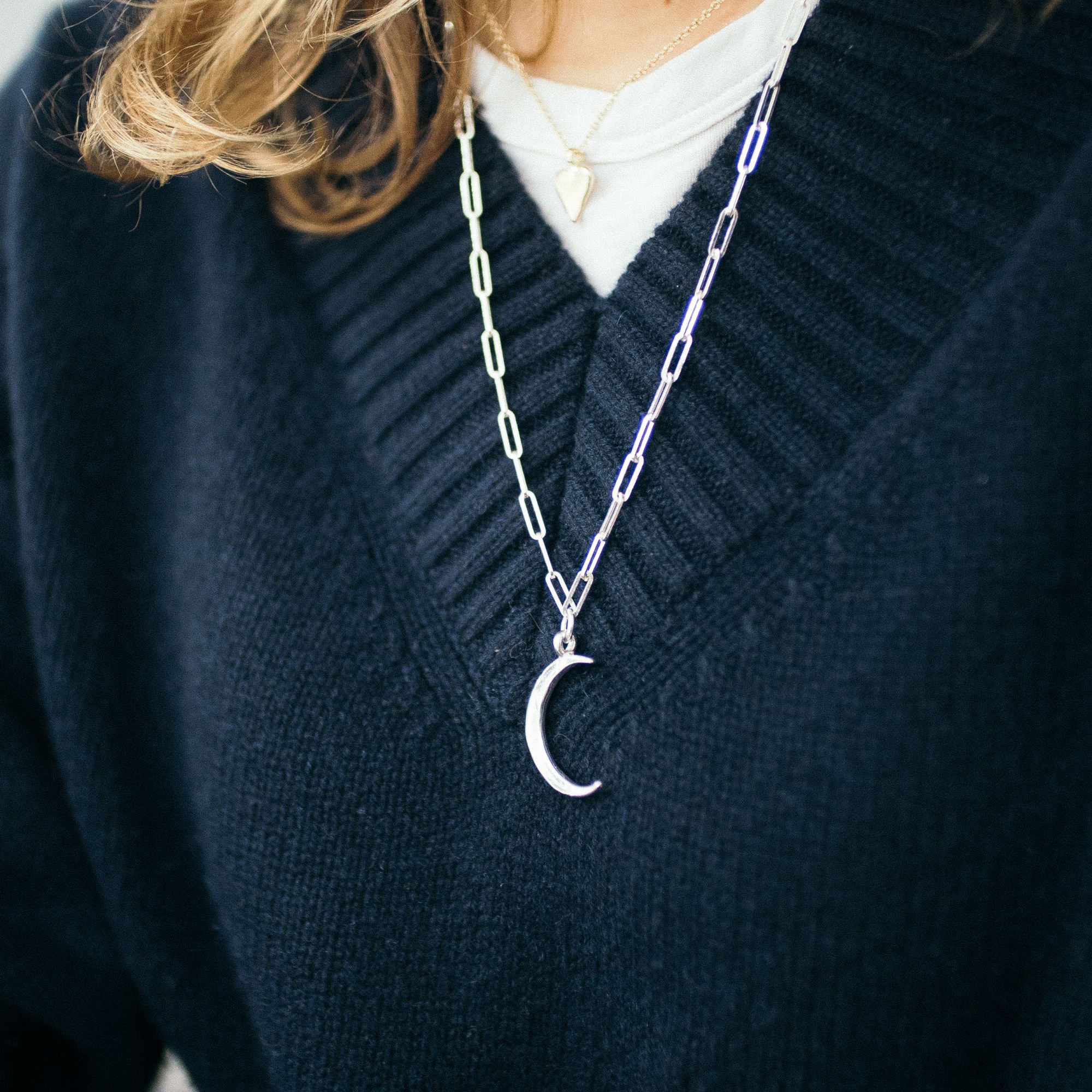 Silver Large Crescent Moon Trace Chain Necklace