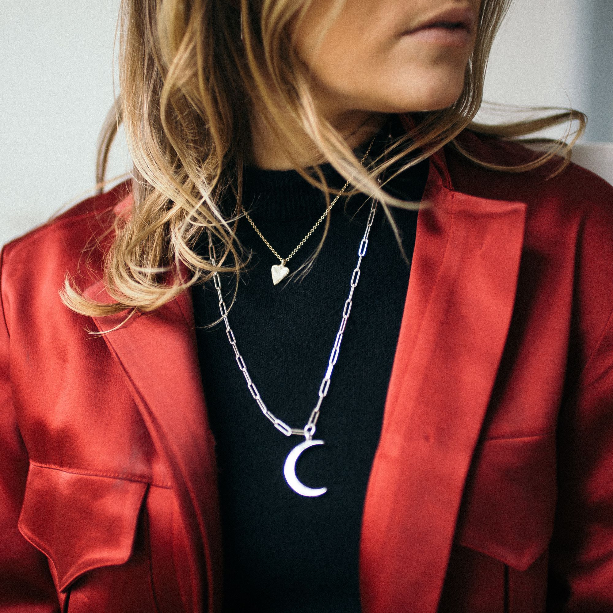 Silver Large Crescent Moon Trace Chain Necklace