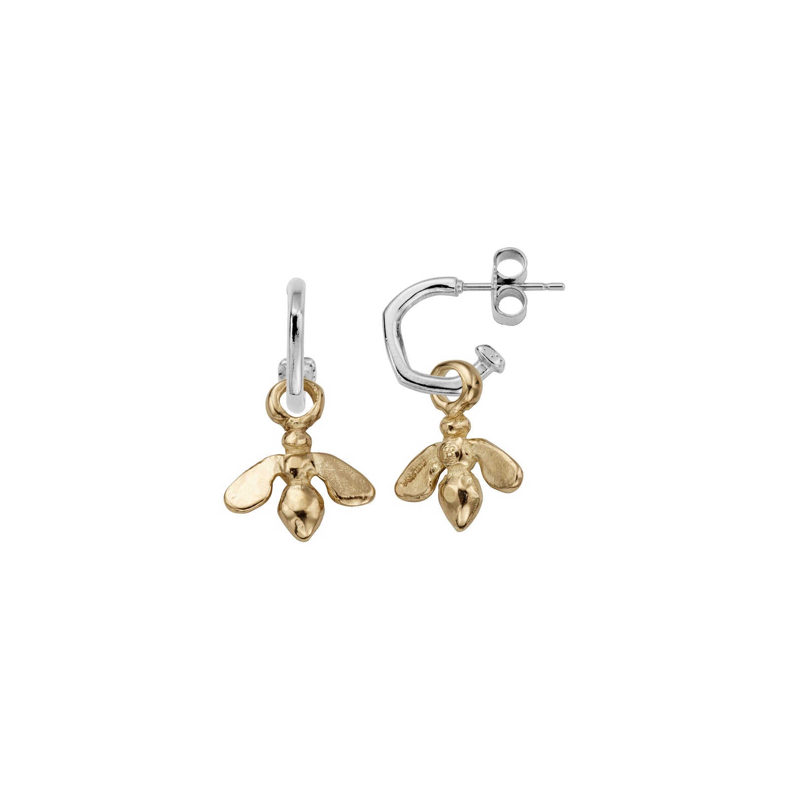 Silver Tiny Cupid Hoops with Gold Mini Honey Bee Charms