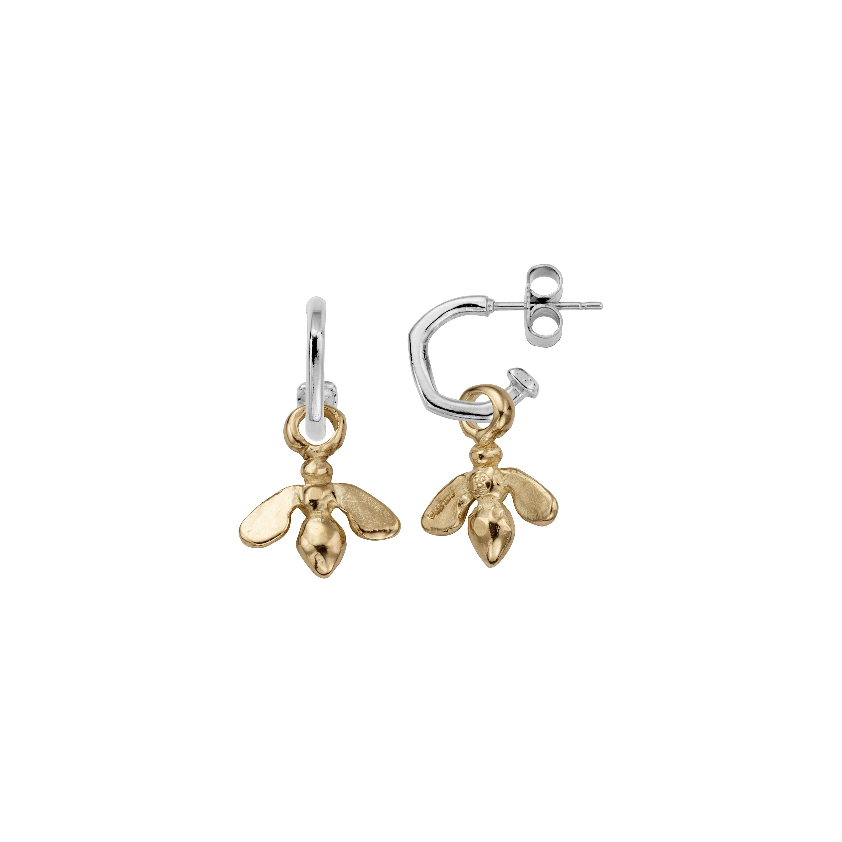 Silver Tiny Cupid Hoops with Gold Mini Honey Bee Charms