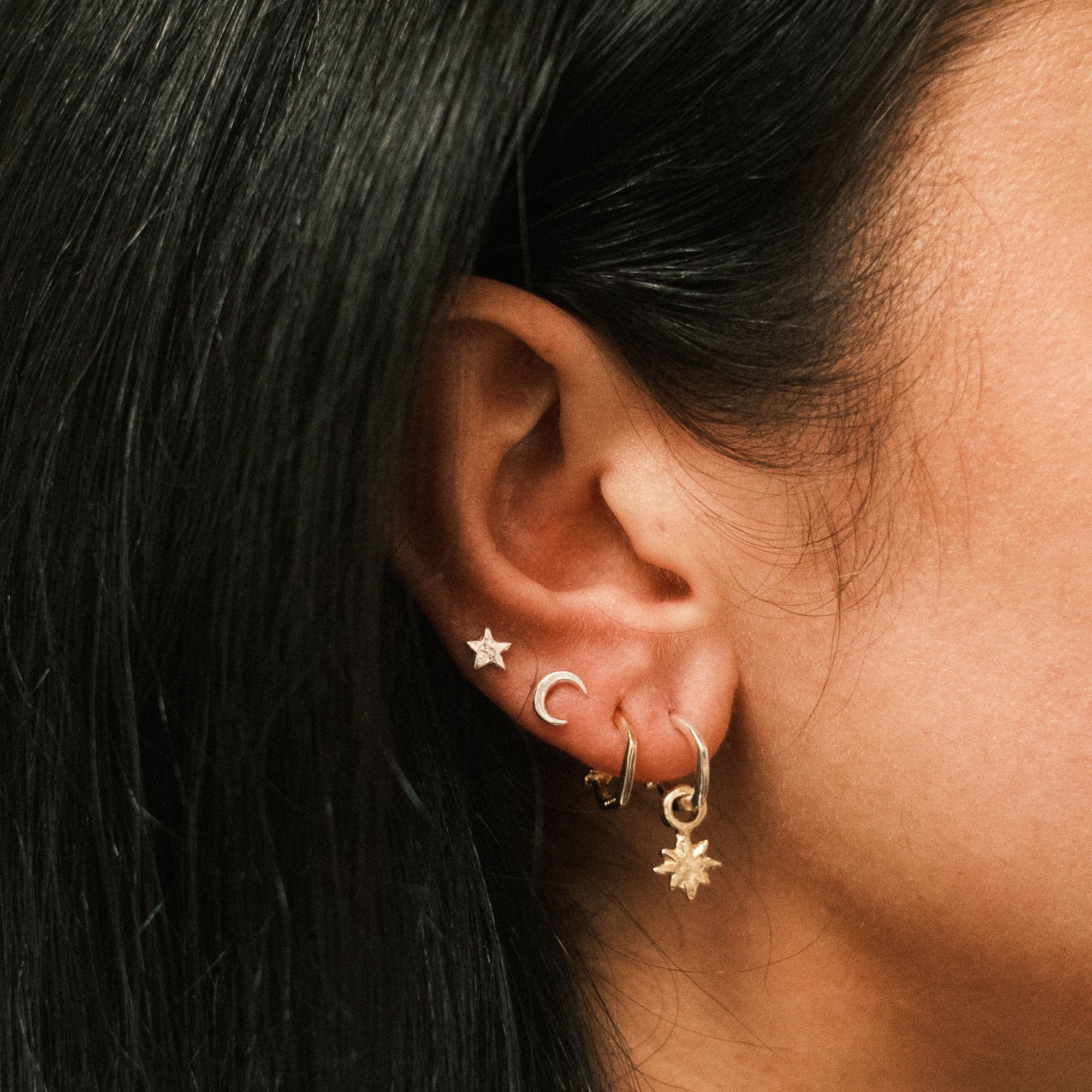 Tiny Cupid Hoops With Gold Baby North Star Charms