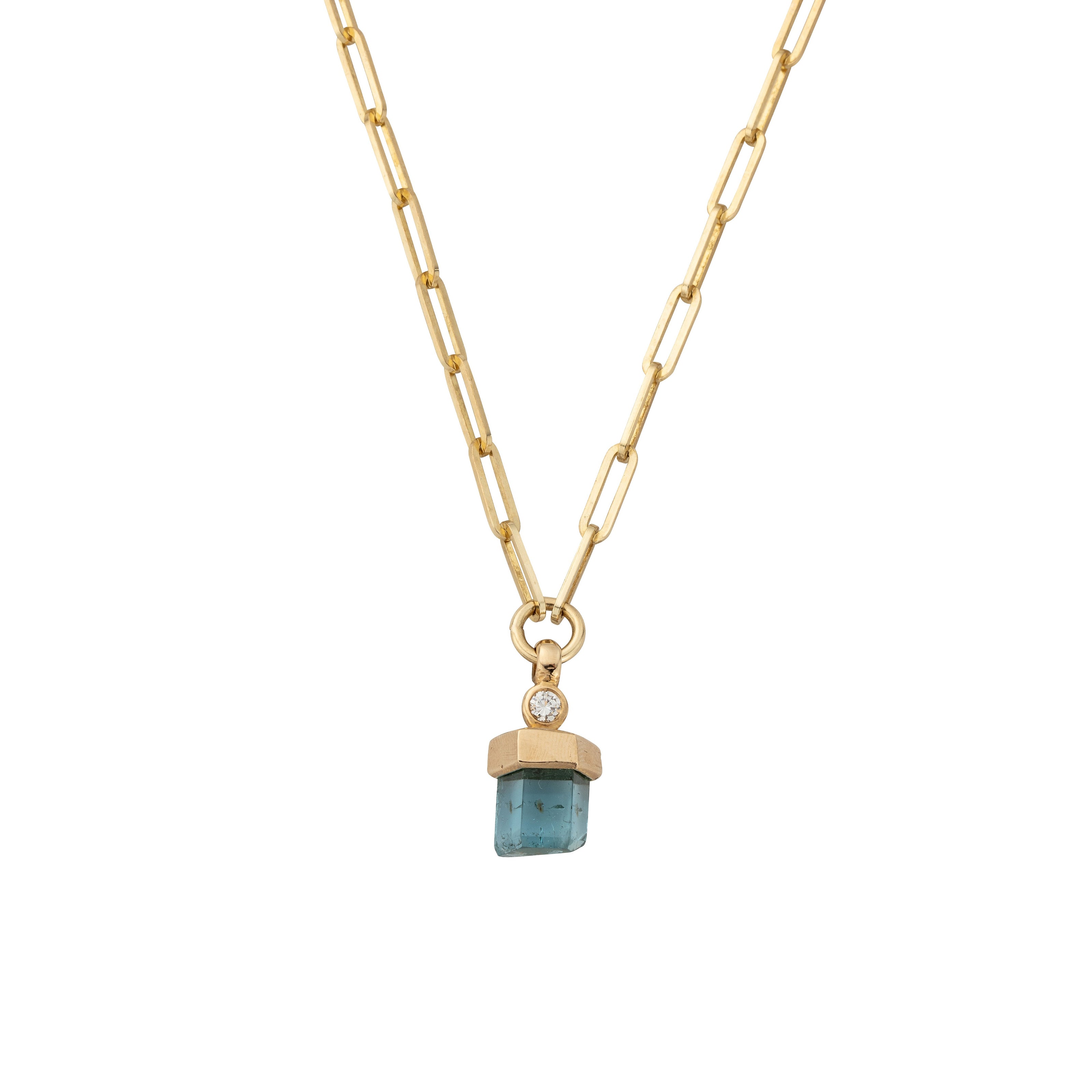 Small Gold Aquamarine & Diamond Trace Chain Necklace