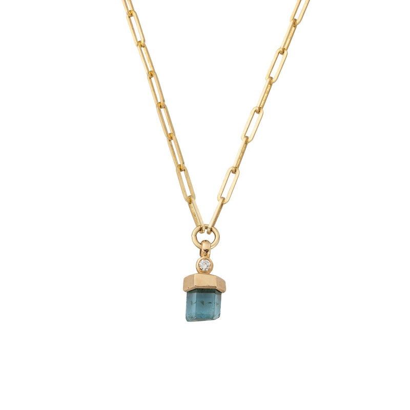 Small Gold Aquamarine & Diamond Trace Chain Necklace