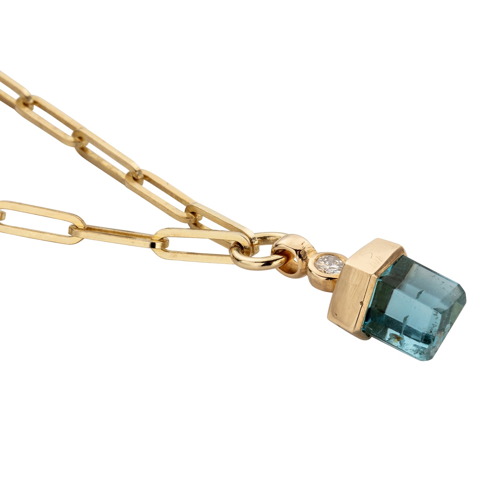 Small Gold Aquamarine & Diamond Trace Chain Necklace