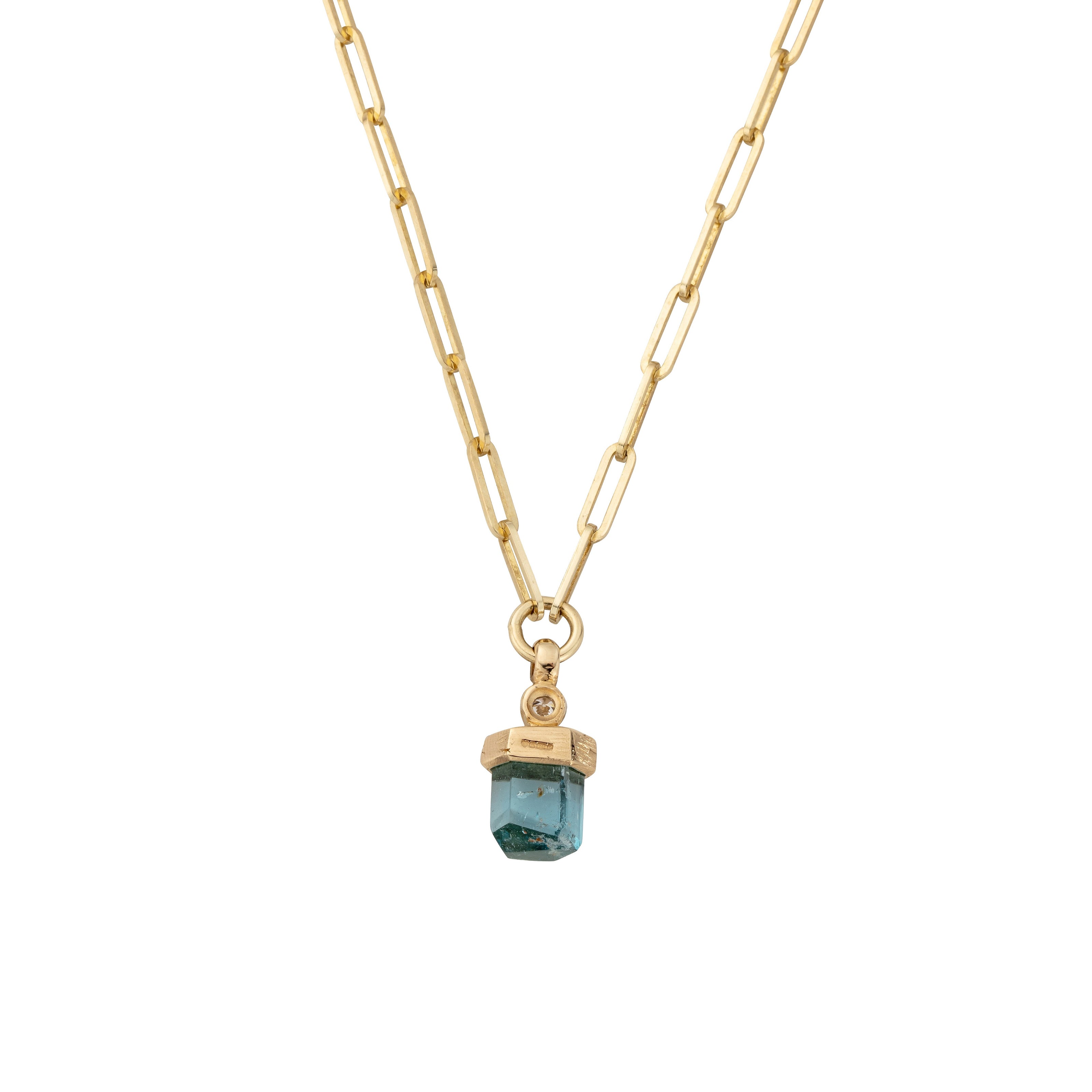 Small Gold Aquamarine & Diamond Trace Chain Necklace