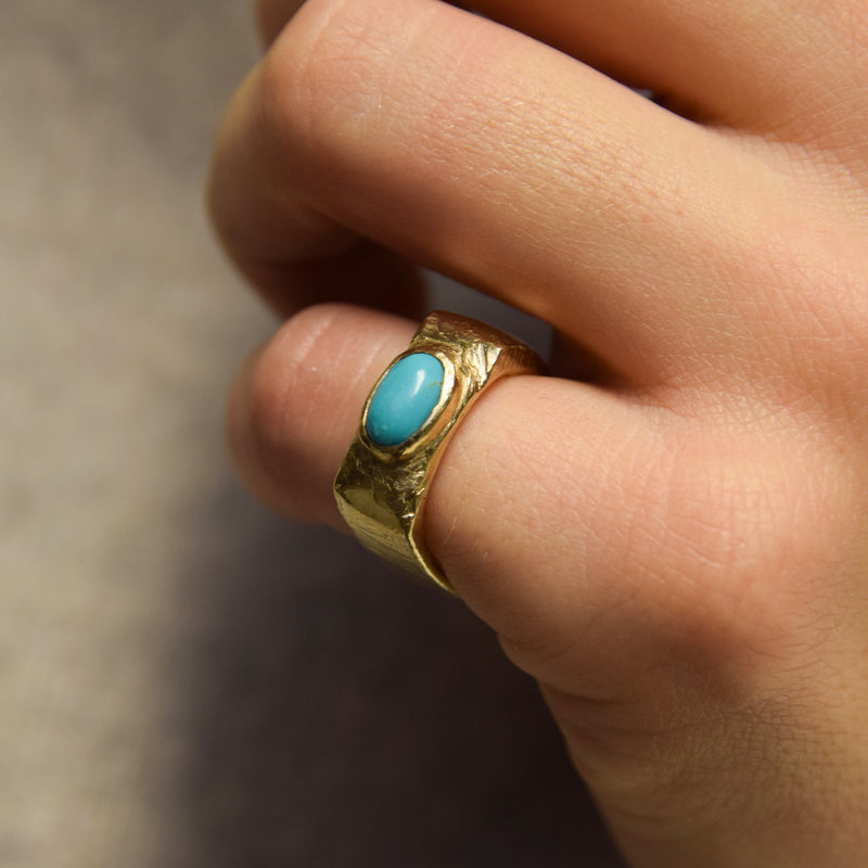Gold Hand Carved Turquoise Ring